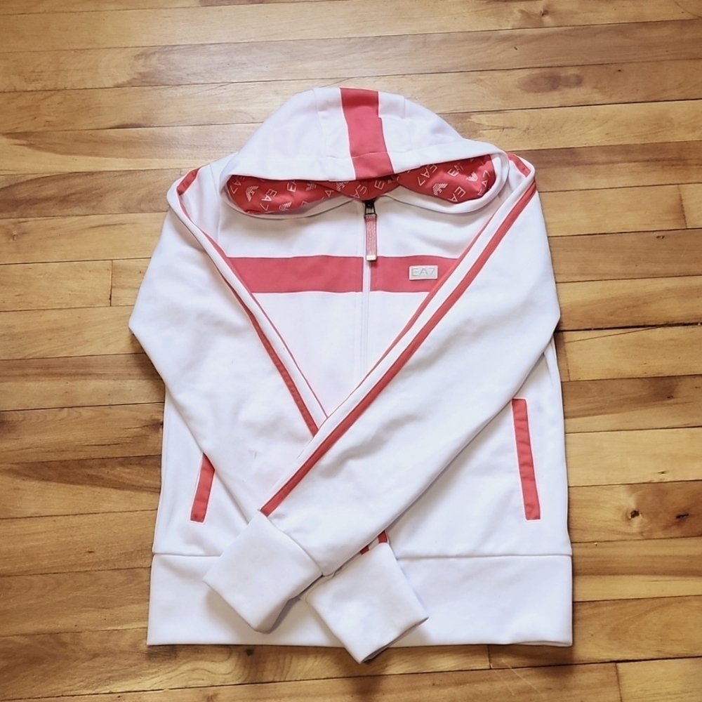 EA7 Emporio Armani zip up hooded track jacket. White and red. Size S.